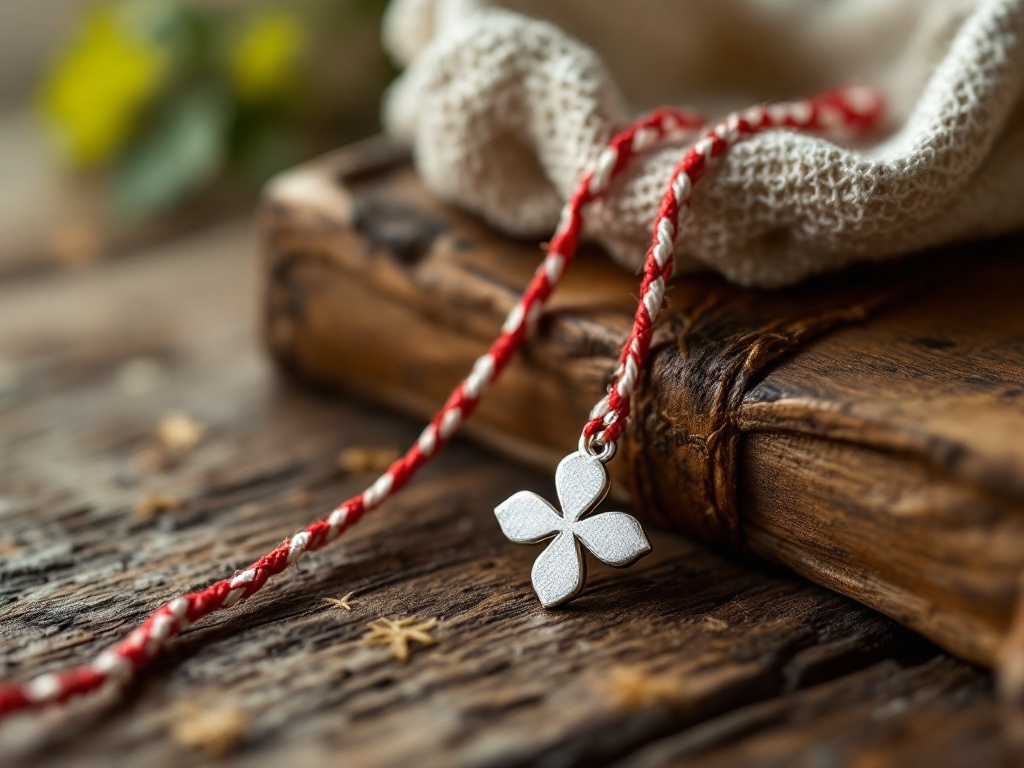 A photorealistic shot capturing a traditional Romanian mărțișor with a red and white braided string attached to a delicate silver charm in the shape of a four-leaf clover, resting on a rustic wooden surface with soft natural light