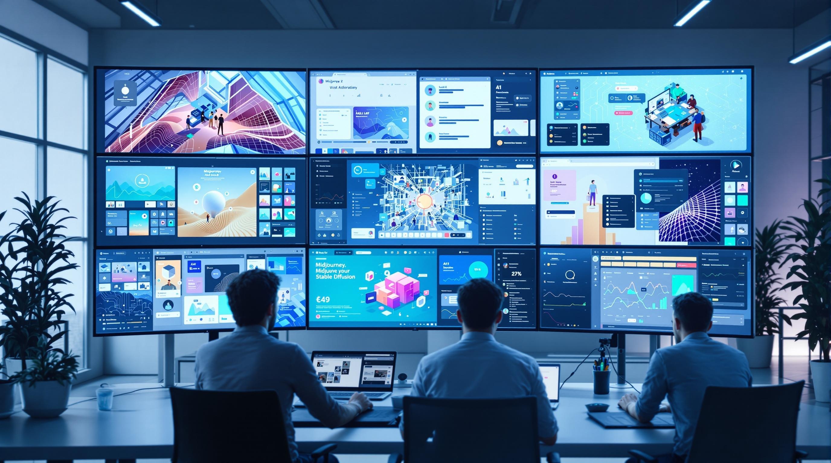 Professional team collaborating around a large digital board showcasing structured AI prompt workflows, flowcharts and analytics, diverse experts discussing strategies, sleek modern office, clear lighting, futuristic yet realistic design, 16:9 aspect ratio