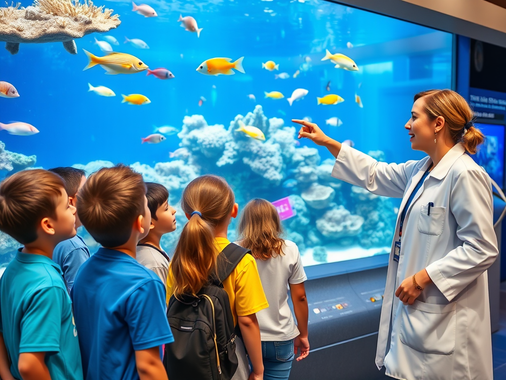 Create a realistic image of a diverse group of students, including white and black children, gathered around a large aquarium tank in Dubai Aquarium, observing colorful tropical fish and coral. A female marine biologist in a lab coat is pointing at the tank, explaining marine life. Educational displays and interactive touchscreens are visible in the background. The scene is well-lit, showcasing the vibrant blues of the aquarium water.