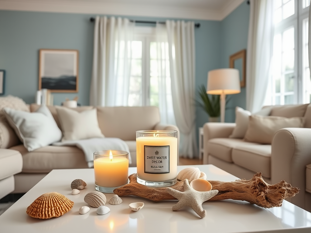 Create a realistic image of a stylish living room with a coastal theme, featuring a prominently displayed Sweet Water Decor beach-scented candle on a white coffee table, surrounded by seashells and driftwood. The room has light blue walls, white curtains billowing in a gentle breeze, and comfortable beige furniture. Soft, warm lighting creates a cozy atmosphere, highlighting the candle's glow and the room's beachy decor elements.