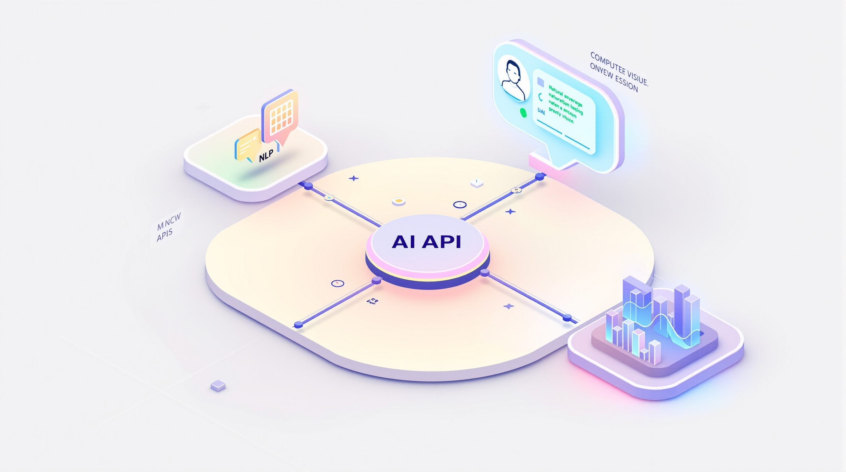 Infographic showing categories of AI APIs branching from a central hub labeled 'AI API'