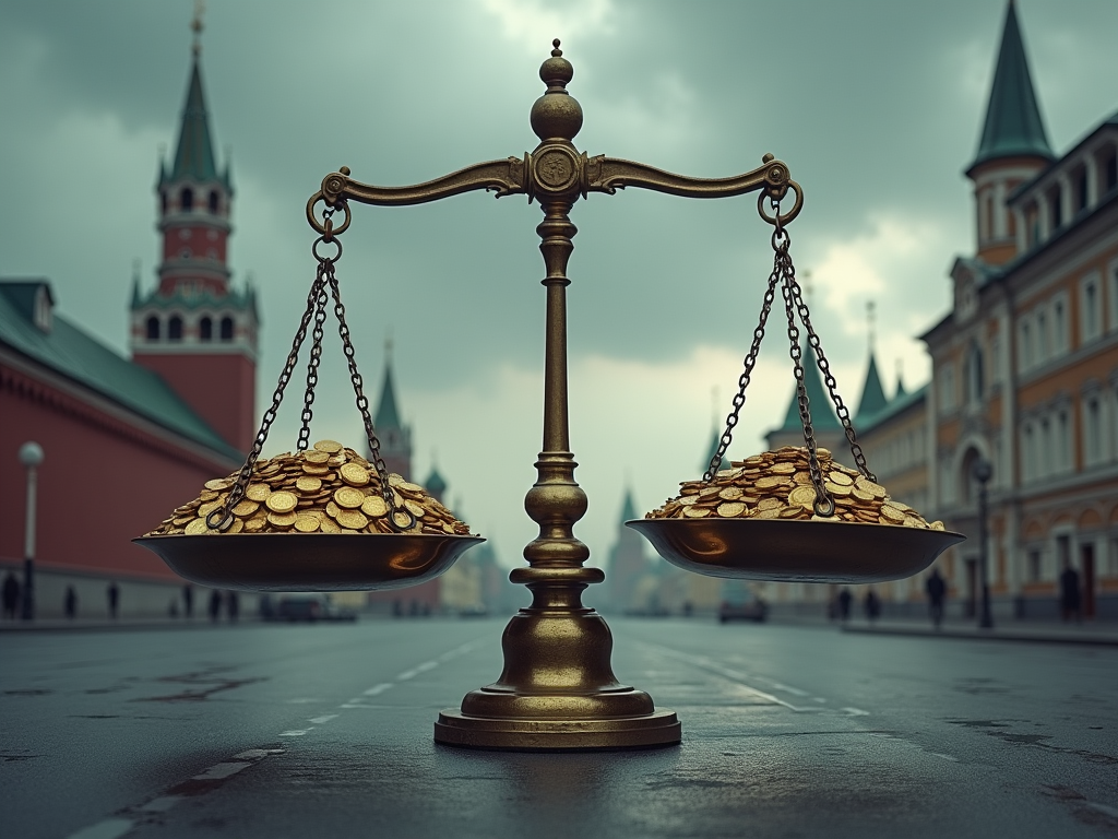 Visualize a commanding and surreal image featuring a gigantic, old-fashioned brass scale set in the center of a desolate, urban Moscow street under a stormy sky. The left scale pan holds a massive, overflowing pile of gold coins symbolizing $20 decillion, while the right pan is dramatically tipped upwards, empty, symbolizing the impracticality of the fine. The background shows iconic Moscow architecture like the Kremlin, shrouded in dark, ominous clouds reflecting geopolitical tension. The scene is illuminated by a stark, cold light, casting long shadows. The color palette consists of deep greys, stark whites, and gold, creating a stark contrast. The artistic style merges photorealism with elements of surrealism, emphasizing the absurdity and gravity of the situation. The image should convey a mood of tension and foreboding, capturing the symbolic and monumental nature of the fine imposed on Google.