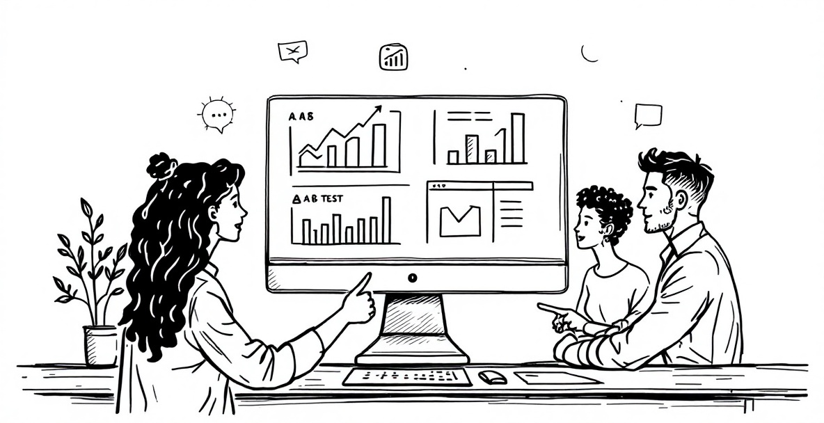Minimalistic sketch of a digital marketing team analyzing SaaS marketing data on a screen.