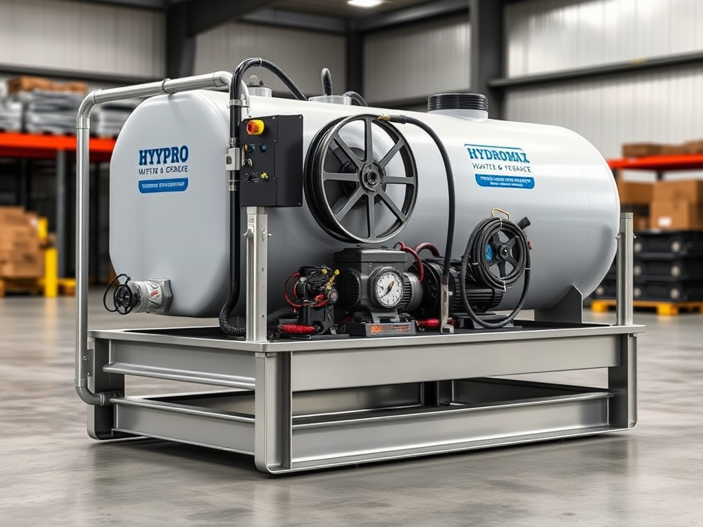 Create a realistic image of a pressure washer skid system labeled "Hydro Max Tank Skid-TSDC6050HG", featuring a large industrial-grade water tank, high-pressure pump, and hose reel mounted on a sturdy metal frame, with a professional-looking control panel and safety features visible, set against a clean warehouse or industrial background with soft lighting highlighting the equipment's details.