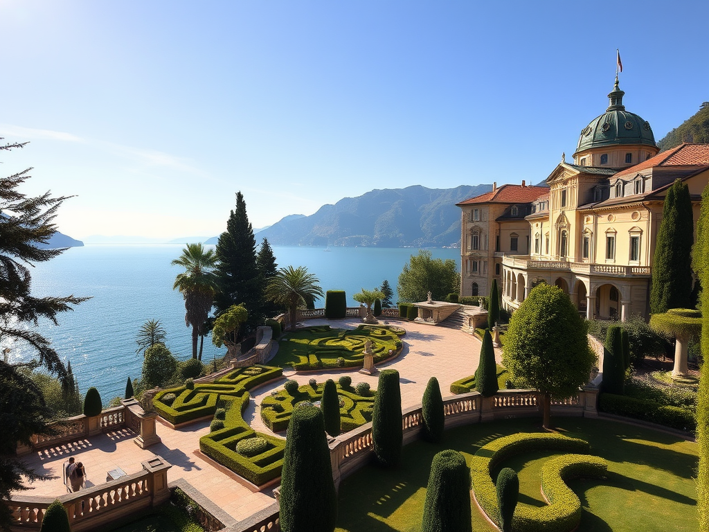 Create a realistic image of the luxurious Villa d'Este resort on Lake Como, Italy, showcasing its opulent Renaissance architecture, manicured Italian gardens, and a grand terrace overlooking the sparkling blue waters of the lake, with distant mountains in the background, under a sunny, clear sky.