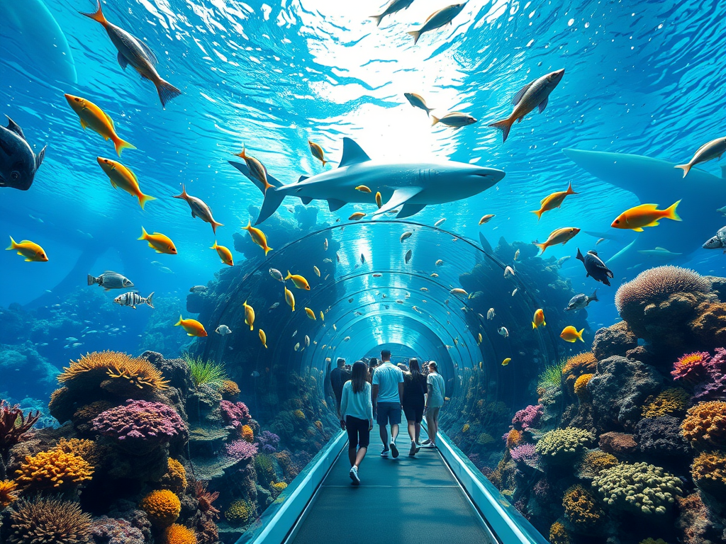 Create a realistic image of a vibrant underwater scene in the Dubai Aquarium, featuring colorful coral reefs, exotic fish species, and a large shark swimming in the background. Show a glass viewing tunnel with visitors inside, marveling at the marine life surrounding them. Include bright, clear lighting to highlight the underwater world's beauty and create a sense of wonder and exploration.