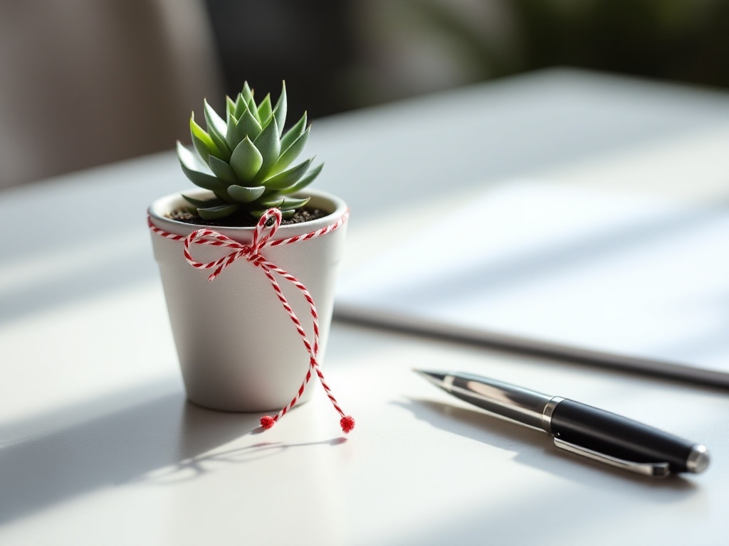 A photorealistic shot capturing a small, simple potted succulent plant with a red and white string tied around the pot, placed next to a plain, elegant pen on a clean office desk, with soft natural lighting