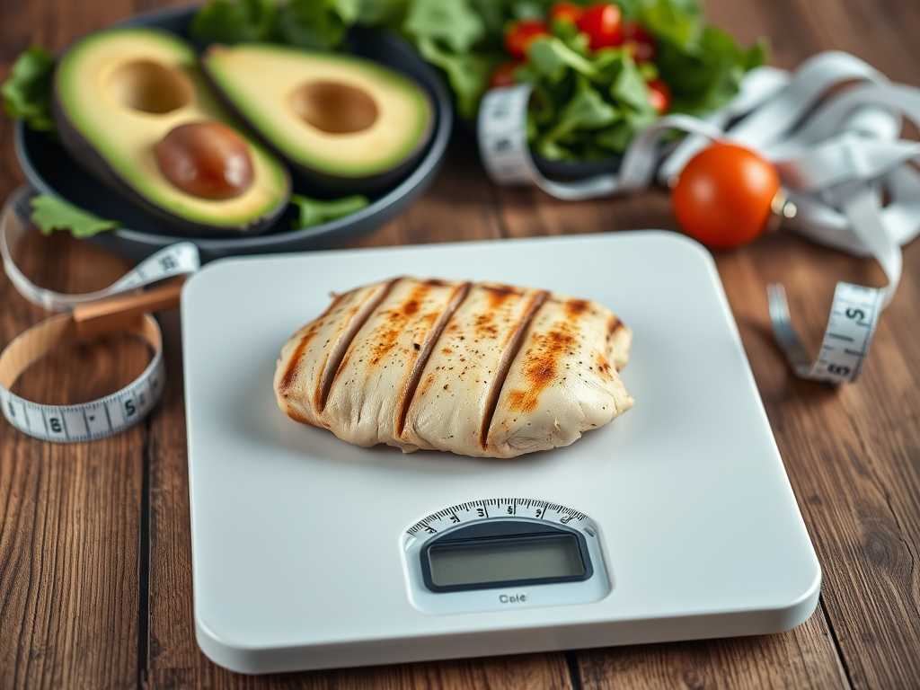 Create a realistic image of a weight scale showing a significant decrease in weight, with a measuring tape and a low-carb meal consisting of grilled chicken, avocado, and mixed greens in the background, all arranged on a wooden table with soft, natural lighting to convey a sense of progress and healthy living.