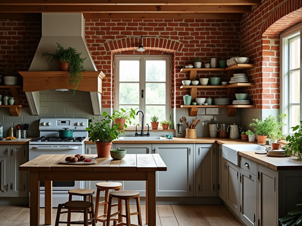 Charming Country Kitchen with a Stunning Red Brick Accent Wall