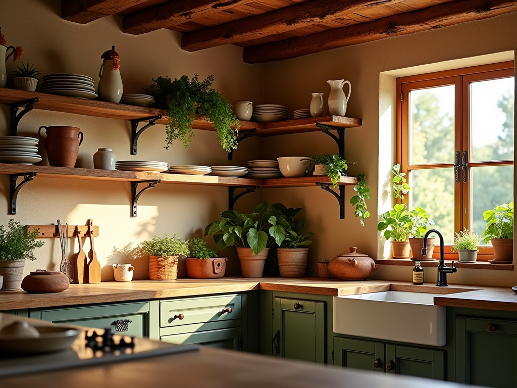 Charming Cozy Farmhouse Kitchen with Open Shelving