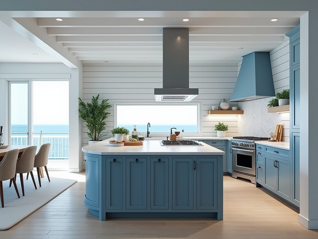 Futuristic Coastal Kitchen: Shiplap Charm with Blue Accents