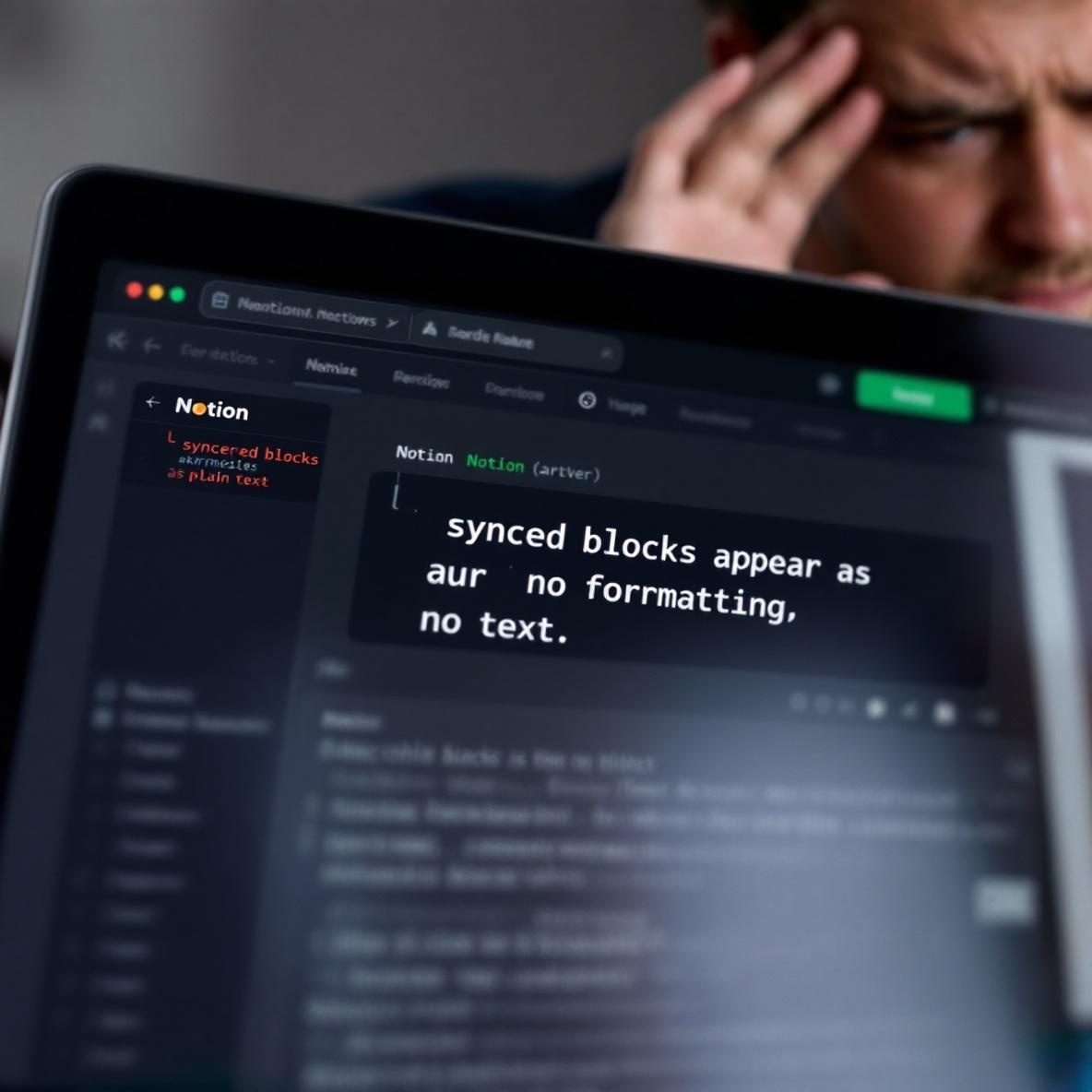 A person looks frustrated while viewing their laptop, which shows the Notion app with synced blocks rendered as simple text instead of formatted content.