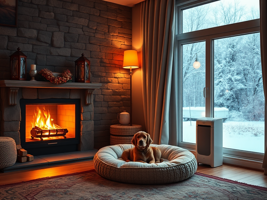 Create a realistic image of a cozy living room with a plush dog bed near a crackling fireplace, warm lighting, thick curtains drawn against frosted windows, a thermostat set to a comfortable temperature, and a small humidifier running in the corner, creating a warm and inviting atmosphere for pets during extreme winter weather.