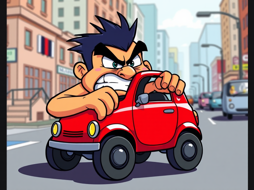 catroon character driving a small red car, has an angry facial expression 