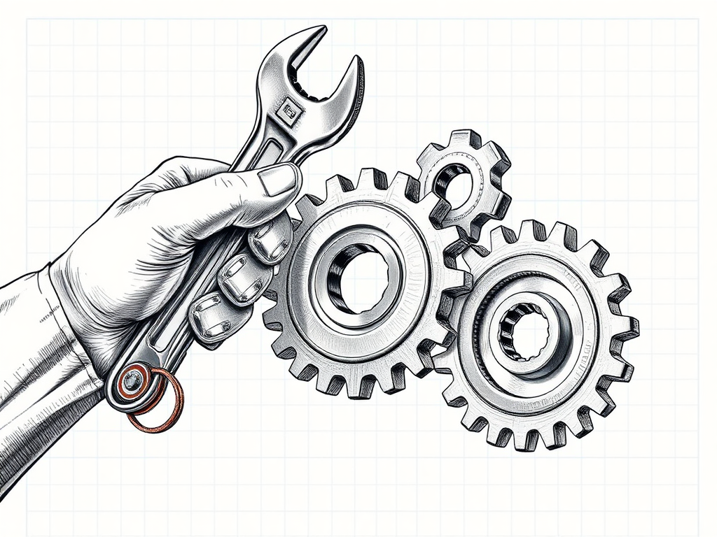 drawing of a person holding spanner next two 3 interlocking gears