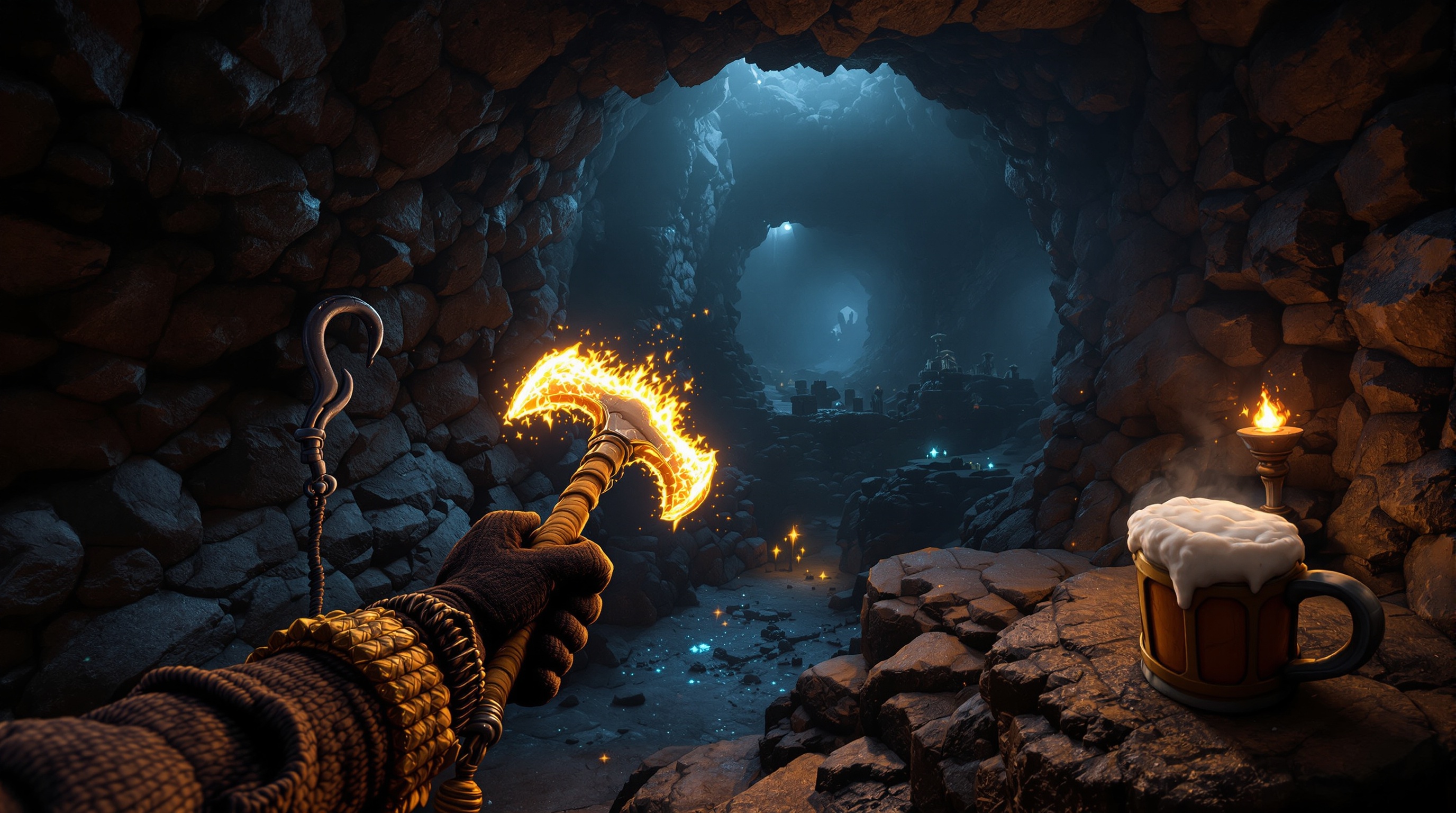 Ambiente subterráneo en el análisis de Only DWARVES DIG Proper HOLES con formaciones rocosas y iluminación tenue