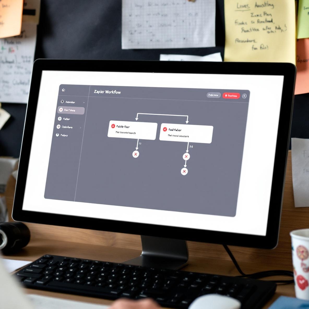 A detailed view of a Zapier workflow on a computer screen, showcasing failed paths marked with red crosses, with a coffee cup and notes in the background.