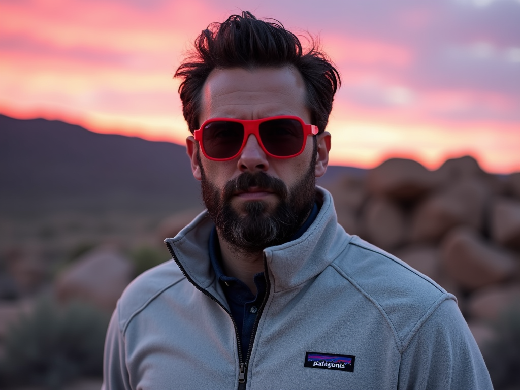 Portrait of a bearded man with dark hair wearing red sunglasses and a light gray Patagonia fleece jacket. He has a serious expression and is looking directly at the camera. The background shows a blurred outdoor scene with rocky terrain and a vibrant pink and purple sunset sky. The lighting gives the image a warm, golden-hour glow. The overall mood is rugged yet stylish, with a touch of adventure.