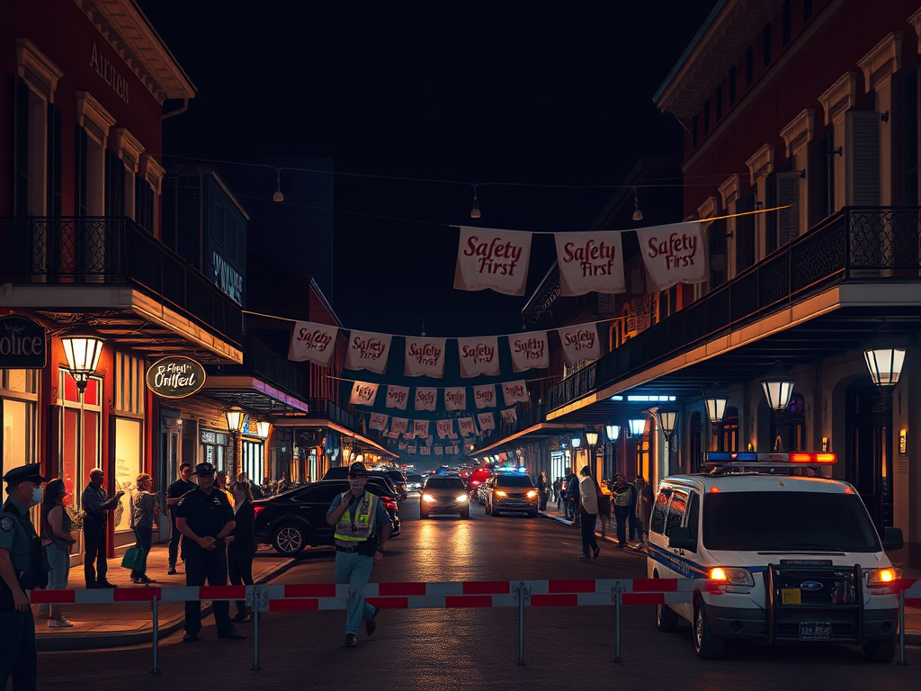 Create a realistic image of a dimly lit Bourbon Street at night, with police officers patrolling and increased security measures visible. Show a mix of concerned locals and tourists, illuminated storefronts, and "Safety First" banners hanging across the street. Include police barricades and a mobile police station in the foreground to emphasize heightened security presence.