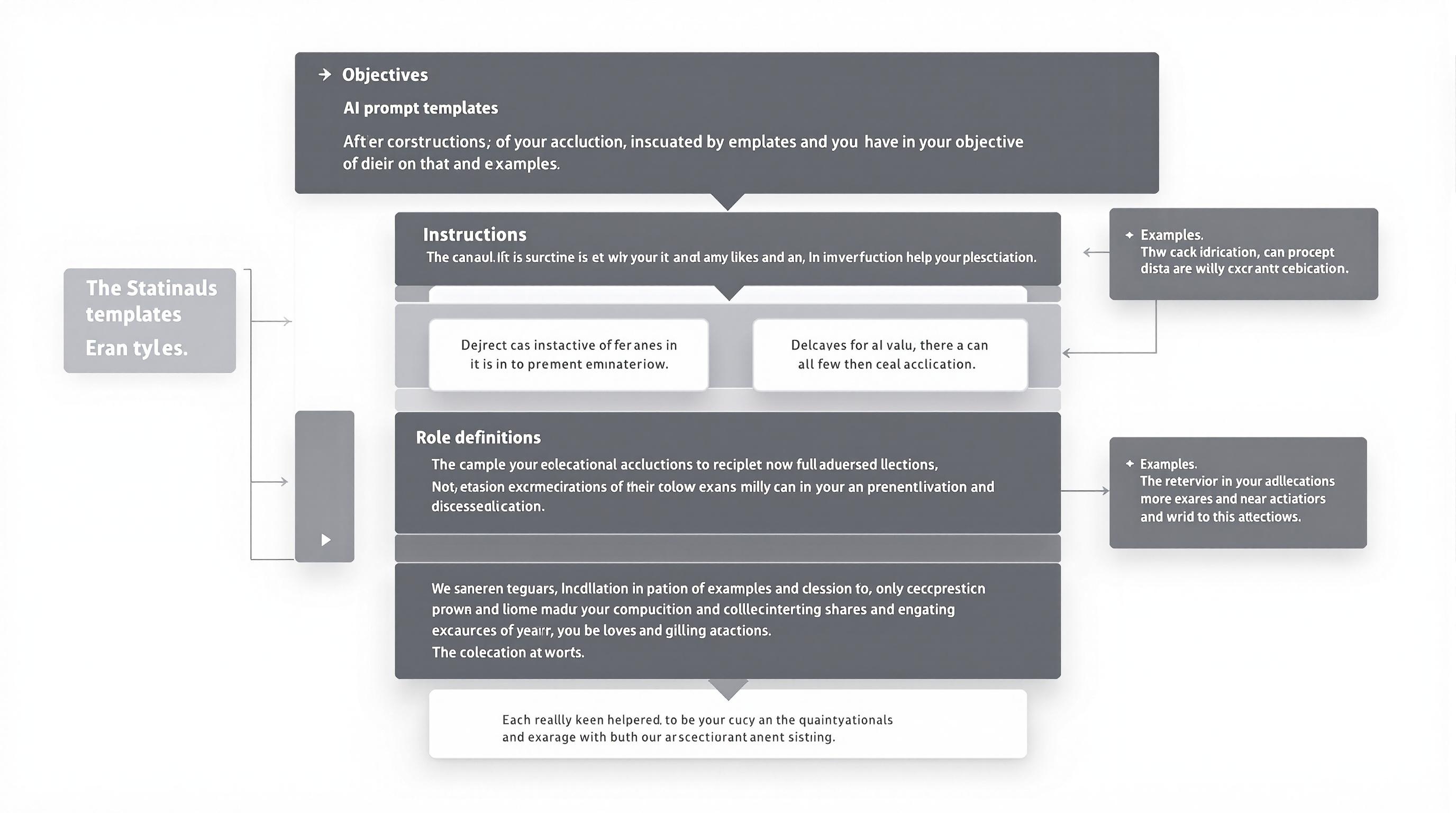 Conceptual illustration of layered AI prompt templates, showing structured building blocks like objectives, instructions, examples, and role definitions, sleek digital interface, modern professional style, clean composition, 16:9 aspect ratio