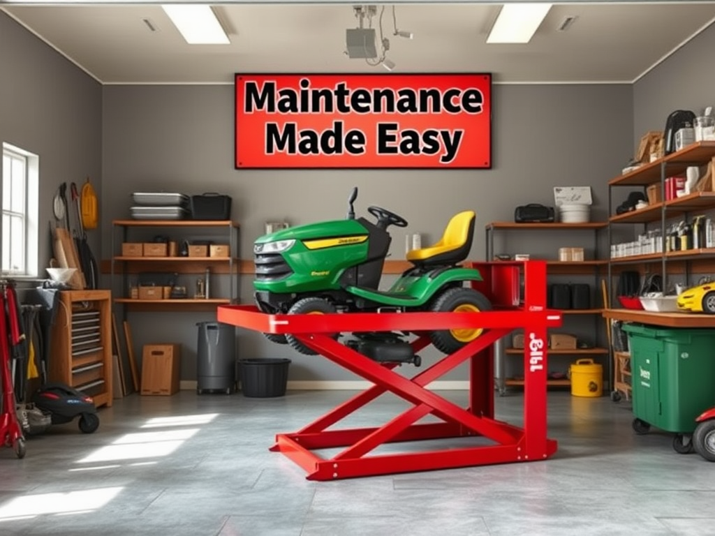 Create a realistic image of a clean, well-lit garage workshop with a red pro lift lawn mower lift in the center, elevating a green riding lawn mower. Tools and maintenance supplies are neatly organized on nearby shelves. A large "Maintenance Made Easy" sign hangs prominently on the wall above the lift.