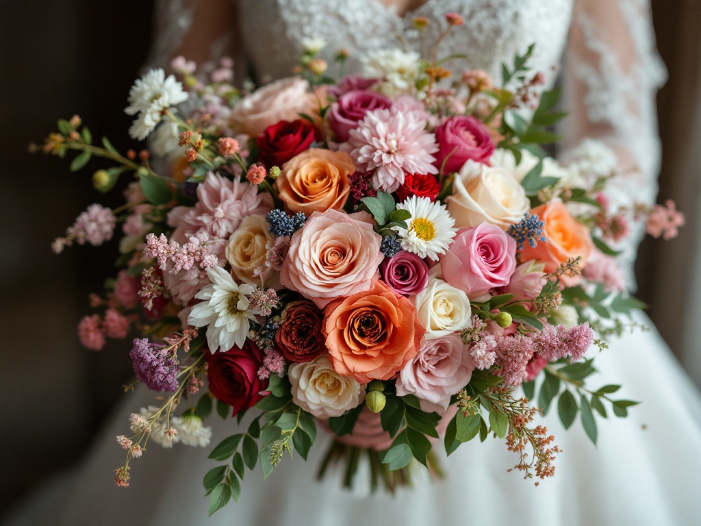 A photorealistic shot capturing a bride holding a beautiful bouquet of mixed flowers, both natural and artificial, showcasing the dilemma of choice for wedding florals