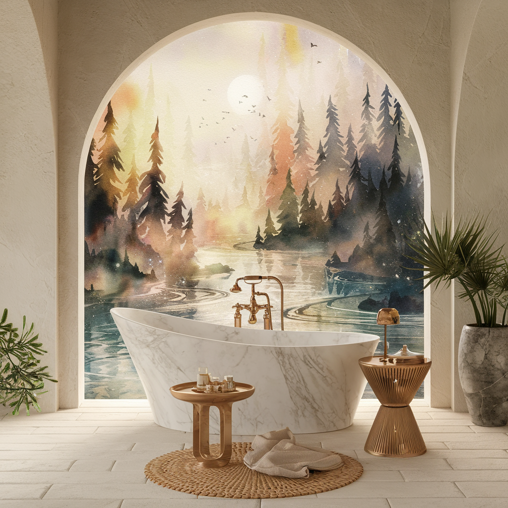In the mystical realm of Aethereia, where moonlit rivers flowed with stardust and crystal forests pierced the sky, a serene marble bath tub sat at the river's edge, surrounded by luxury decor that shimmered with an ethereal glow, as if infused with the soft, sensual light of sun rays dancing through the watercolor hues of Harry Clarke's art, with neutral colors and gentle textures evoking a sense of cinematic tranquility, amidst the whispers of ancient magic that wove an aura of wonder around this idyllic, dreamlike scene.
