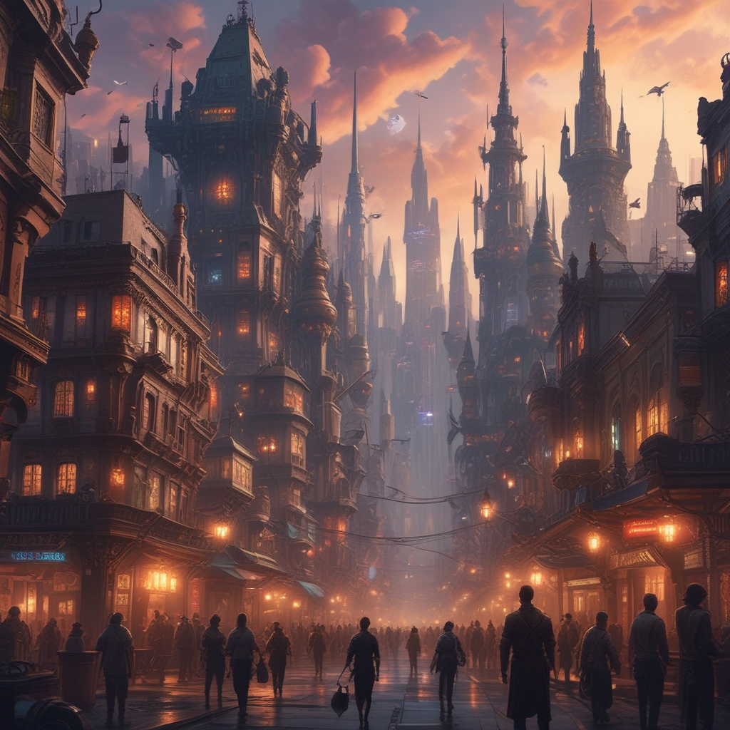 A vast, gleaming city with towering spires and elaborate clockwork mechanisms adorning the buildings. The sky is tinted with a warm, metallic glow, and the streets are bustling with a diverse array of humanoid and machine-like inhabitants.