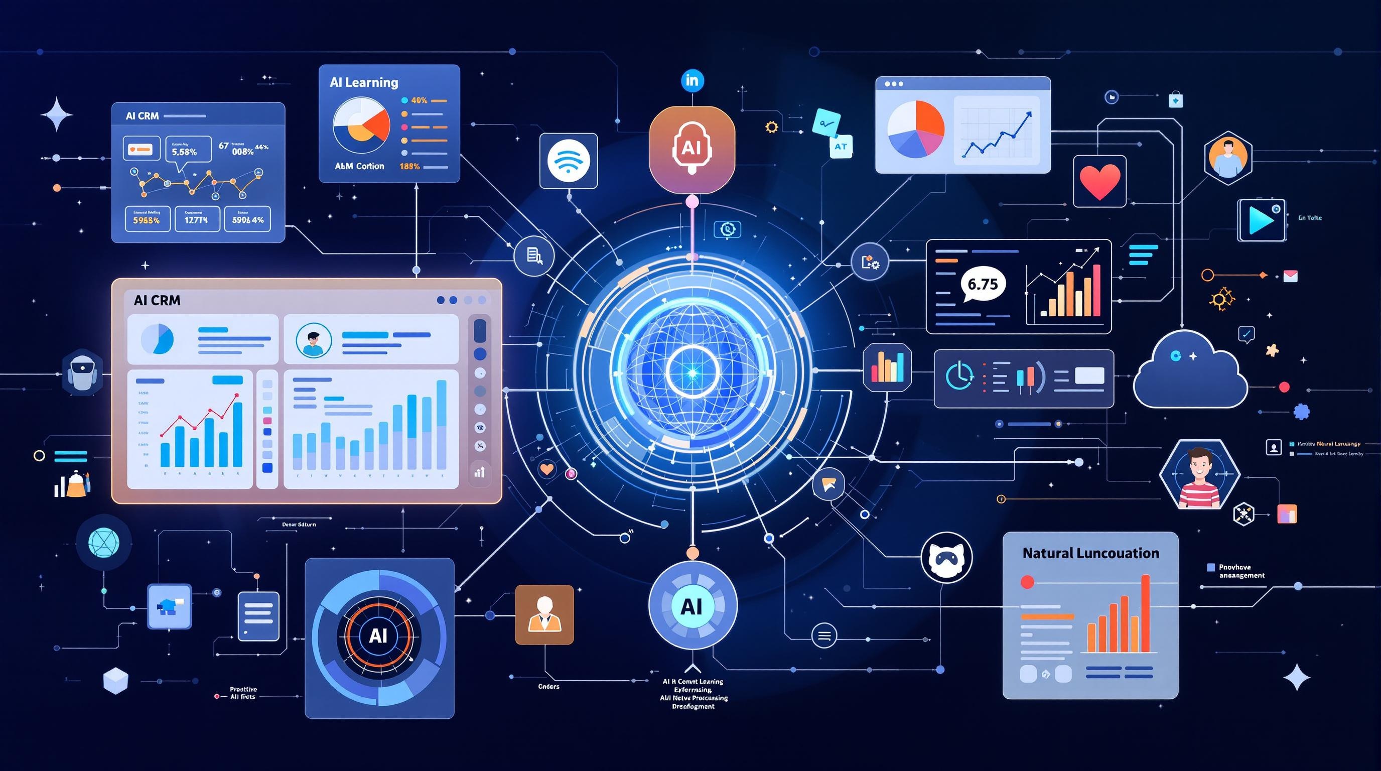 Professional, modern illustration of interconnected AI technologies within a CRM platform, featuring machine learning algorithms, predictive analytics charts, and natural language processing icons, sleek dashboard elements, clean futuristic interface, no text, 16:9 aspect ratio