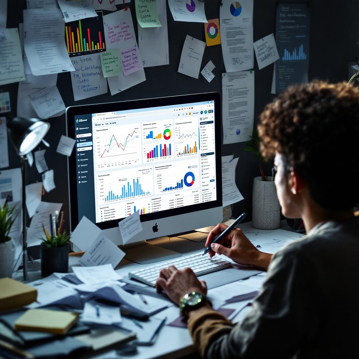 A person focused on their computer screen with a chaotic data store interface, surrounded by scattered papers and notes, depicting the challenges of managing data workflow.