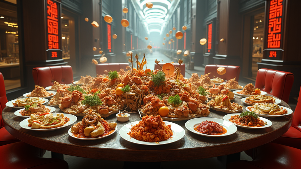 A lavish dining table overflowing with extravagant dishes, both colorful and bizarre, set in a futuristic city with digital currency options floating above each plate.