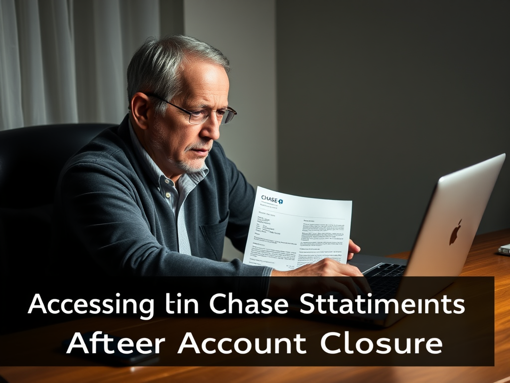 Create a realistic image of a concerned middle-aged white male sitting at a desk with a laptop, looking at a Chase bank statement and a notification letter. A smartphone with the Chase mobile app visible lies nearby. The scene is dimly lit, creating a somber mood. Text overlay reads "Accessing Chase Statements After Account Closure".