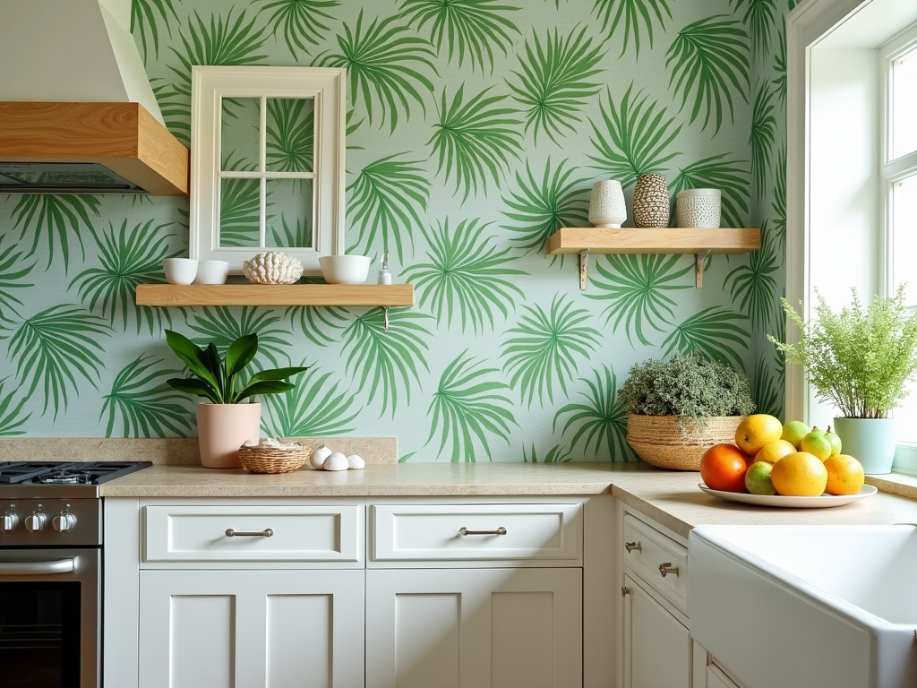 Transform Your Space: Tropical Kitchen with Palm Leaf Wallpaper