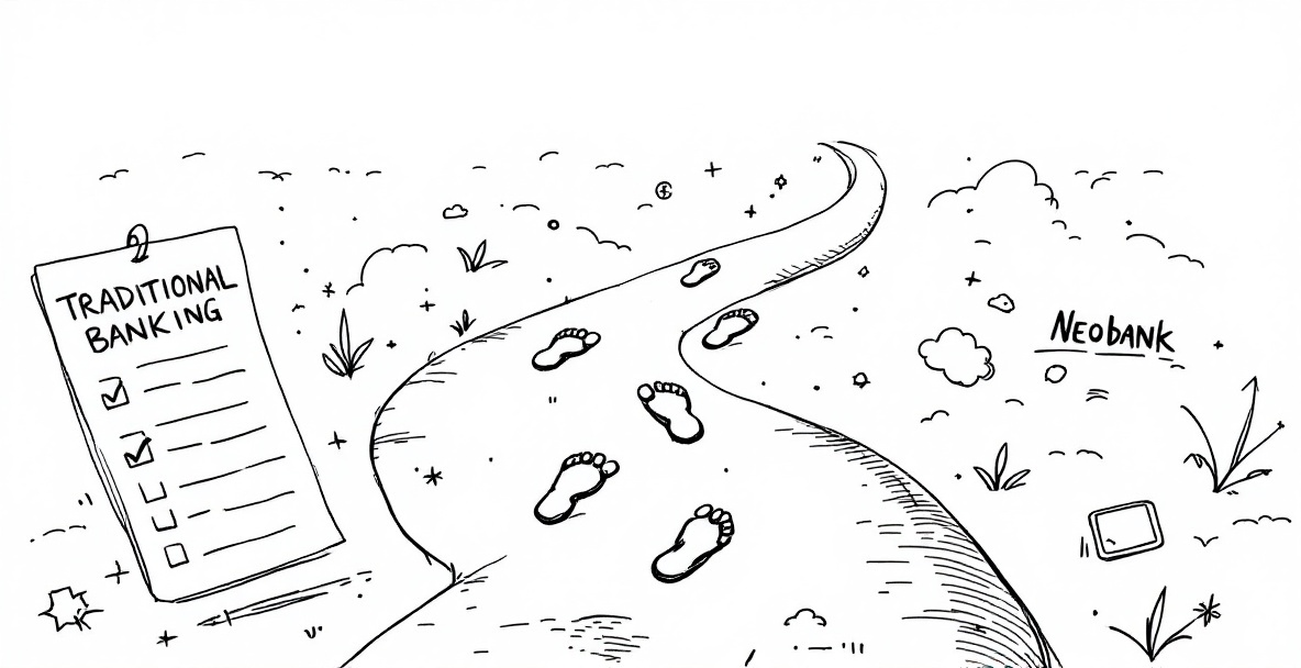 Minimalist sketch showing a crossroads with paths labeled 'Traditional Banking' and 'Neobank' with footprints transitioning between them