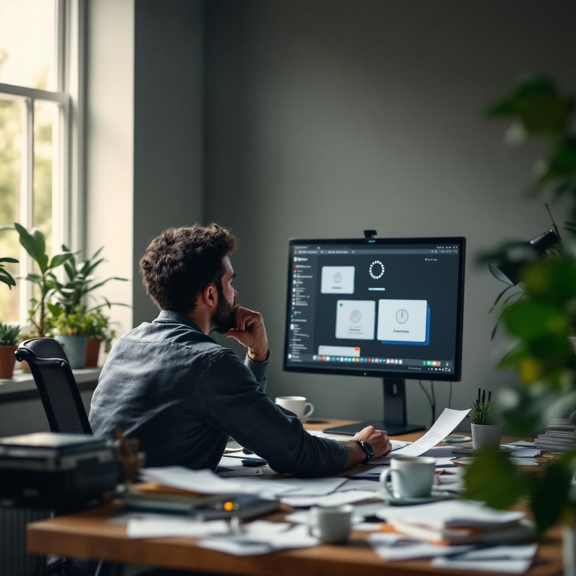 A frustrated user staring at a computer screen displaying apps that are functioning, but with a loading icon representing slow performance, in a cluttered workspace.