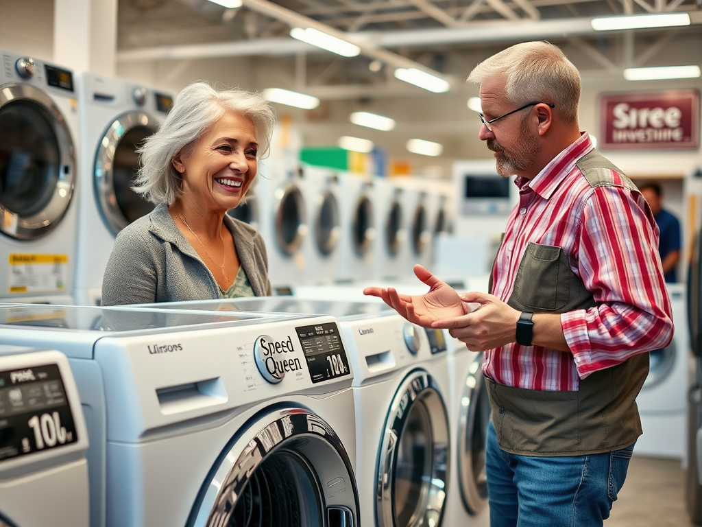 Create a realistic image of a satisfied middle-aged white woman examining a price tag on a Speed Queen washing machine in a bright appliance store, with a mix of other washing machines in the background and a salesperson gesturing towards energy efficiency ratings, emphasizing value and investment.
