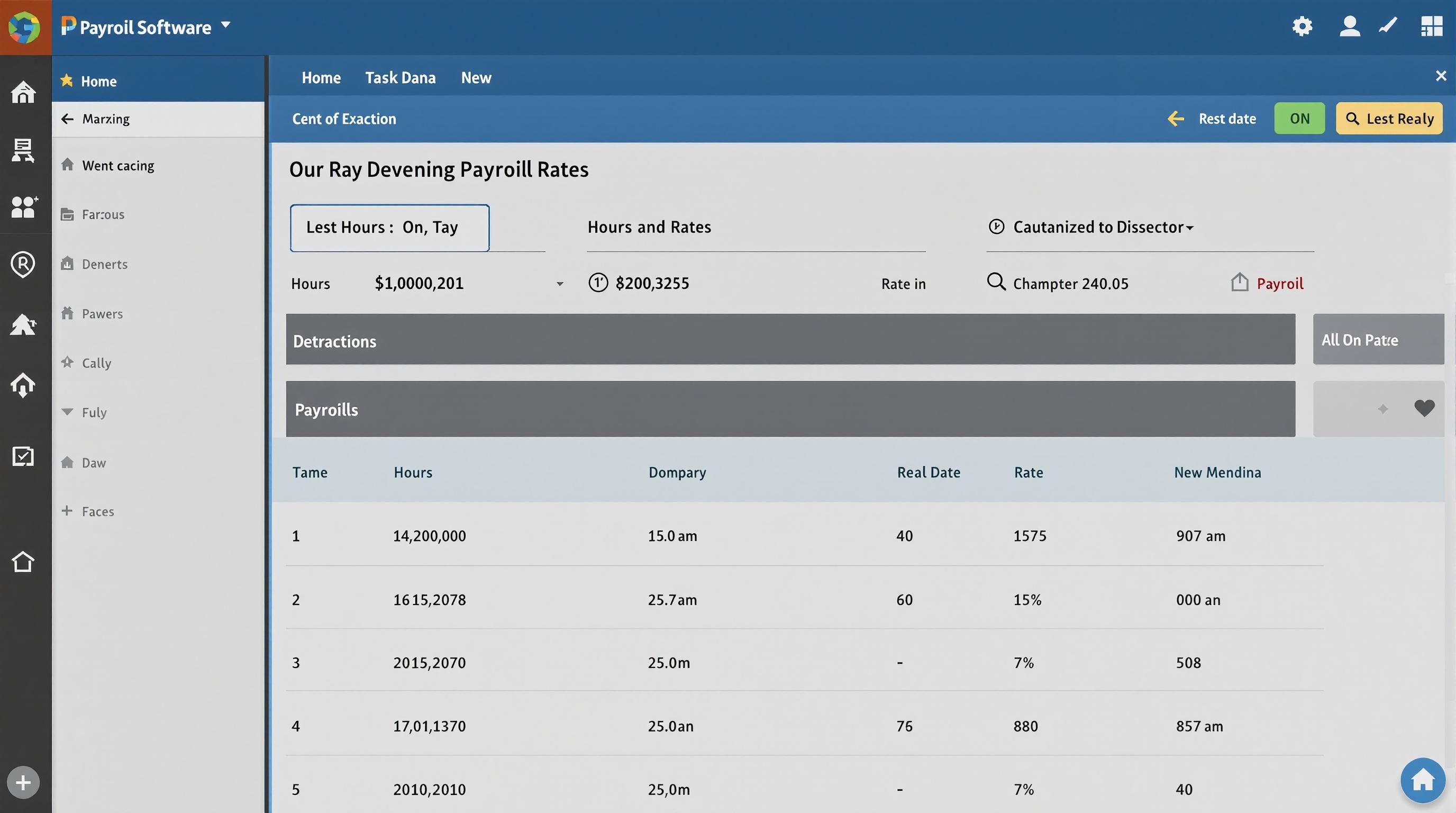 Payroll Software Screenshot with Hours and Rates A screenshot of payroll software displaying hours and rates for employees.