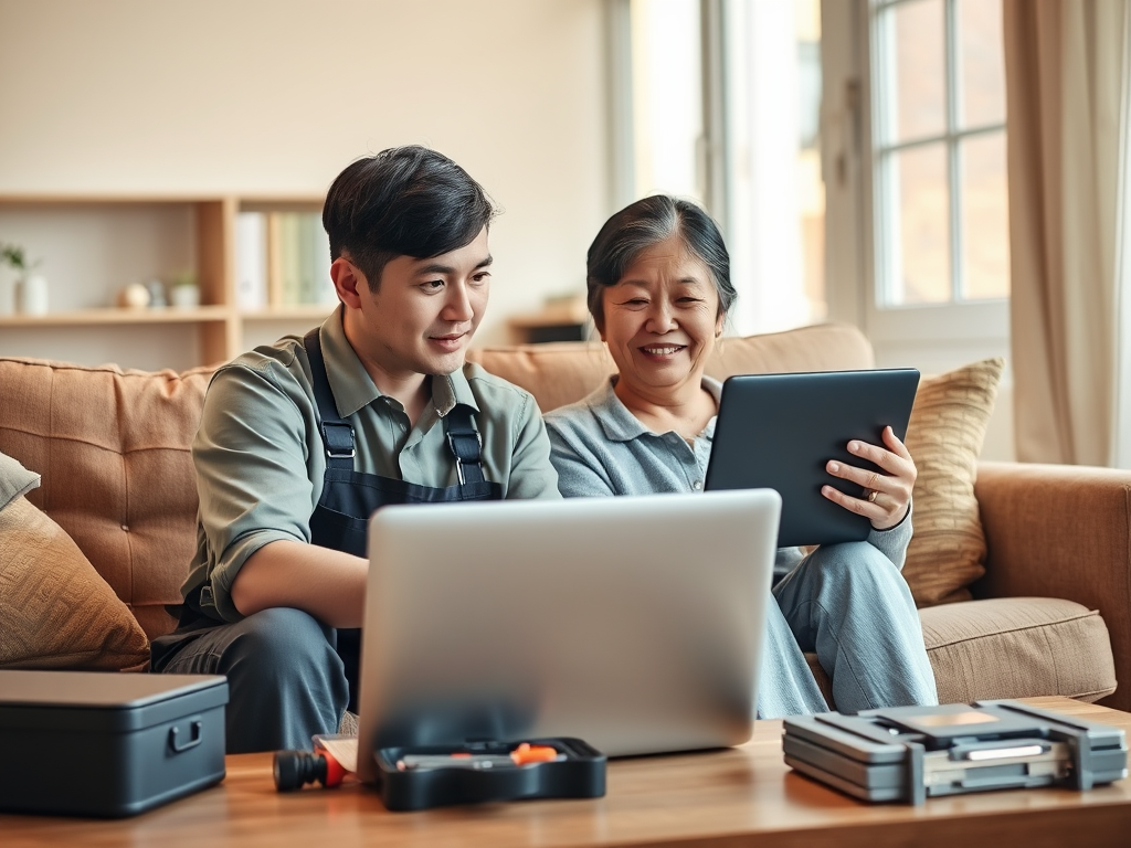 Create a realistic image of a white male technician in his 30s, wearing a professional uniform, sitting on a living room couch next to a middle-aged Asian woman, repairing her laptop. The technician is focused on the laptop screen while explaining something to the woman, who looks relieved. A toolbox and spare parts are visible on the coffee table. The room has warm, natural lighting from a nearby window, creating a comfortable and trustworthy atmosphere.