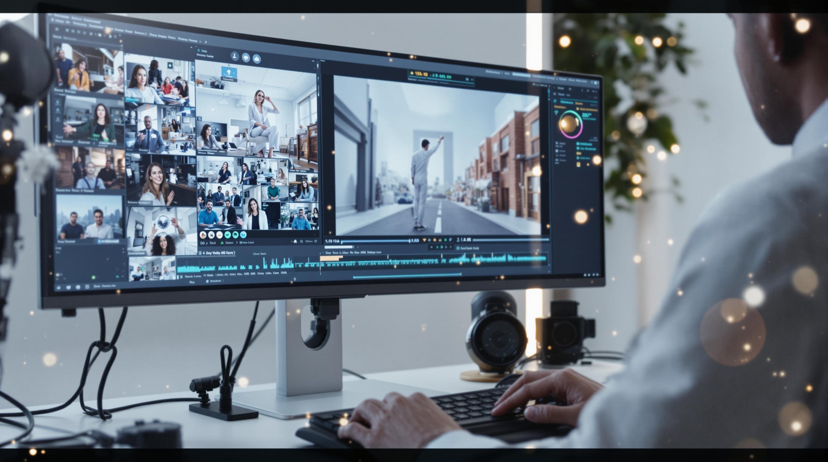 Professional video editor at work using a modern computer interface, AI seamlessly removing and replacing video backgrounds, clear foreground subject, creative digital effects, bright studio lighting, sleek and clean visual style, 16:9 aspect ratio