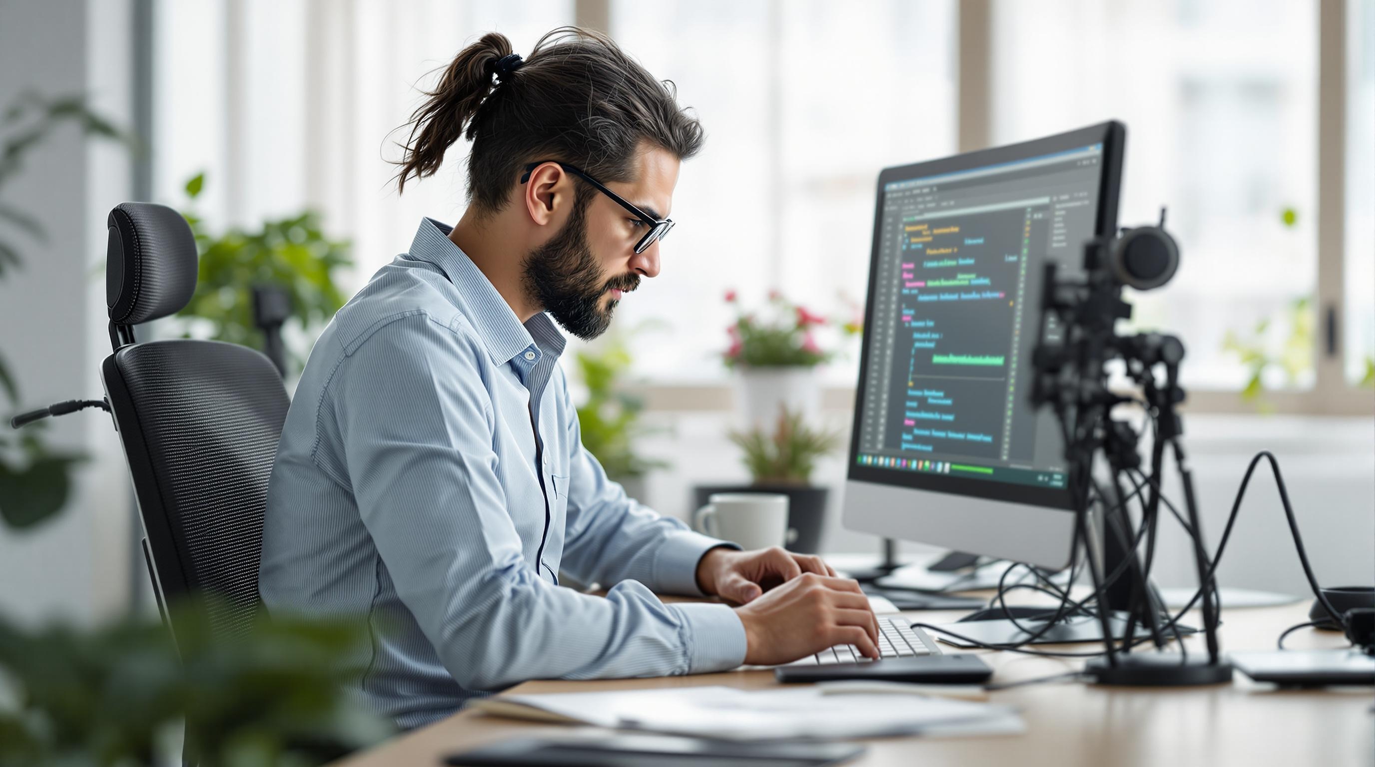 Ultra Realistic Photo of a Transcriptionist a transcriptionist working diligently at their desk, typing on a keyboard with focus and concentration.