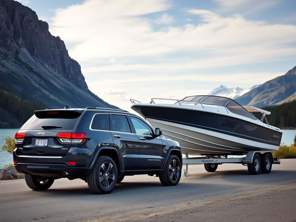 Create a realistic image of a Jeep Grand Cherokee towing a large boat on a trailer, viewed from the side, with a scenic lake and mountains in the background, showcasing the vehicle's towing capacity in a practical outdoor setting.