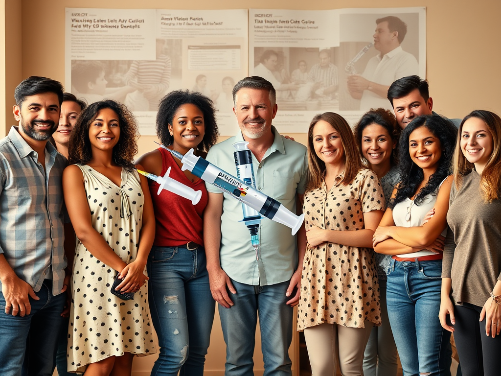 Create a realistic image of a diverse group of healthy people of various ages, races, and genders, standing together and smiling, with vaccine syringes and medical charts floating around them, symbolizing unexpected benefits. In the background, show a faded collage of historical disease outbreaks being crossed out, emphasizing the positive impact of vaccines. Use warm, optimistic lighting to create a hopeful atmosphere.