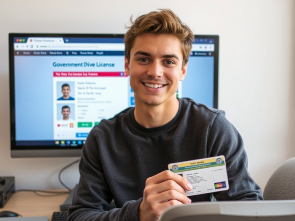 Create a realistic image of a smiling young adult holding their newly customized driving license in front of a computer screen displaying a government website for license customization, with a sense of accomplishment and satisfaction evident in their expression.