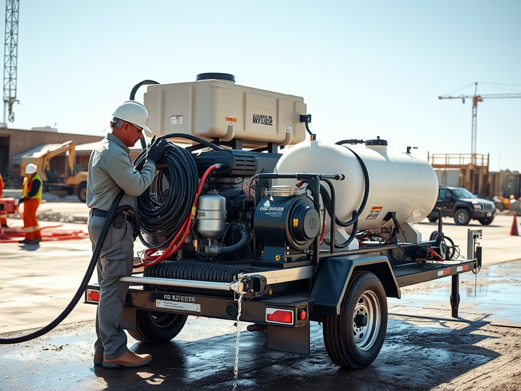 Create a realistic image of a pressure washer skid unit in action, with a white male worker efficiently operating the equipment on a construction site. The skid is mounted on a trailer, featuring multiple pressure washers, water tanks, and hoses neatly organized. The background shows other workers and construction equipment, emphasizing the improved workflow and productivity. Bright sunlight illuminates the scene, highlighting the gleaming machinery and water spray.