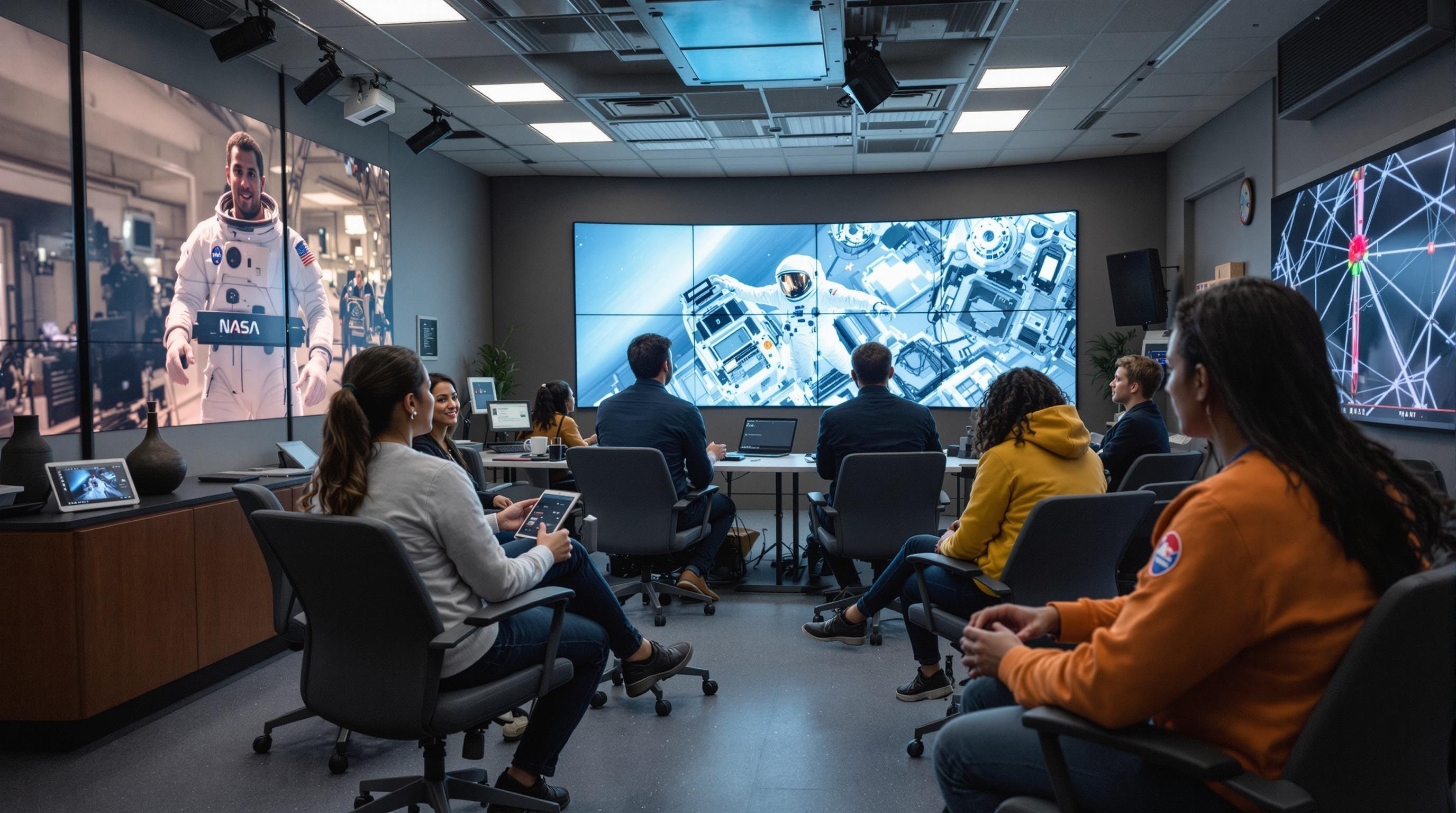 NASA Astronaut Training Simulation Room Diverse group of individuals training in a realistic NASA astronaut simulation room