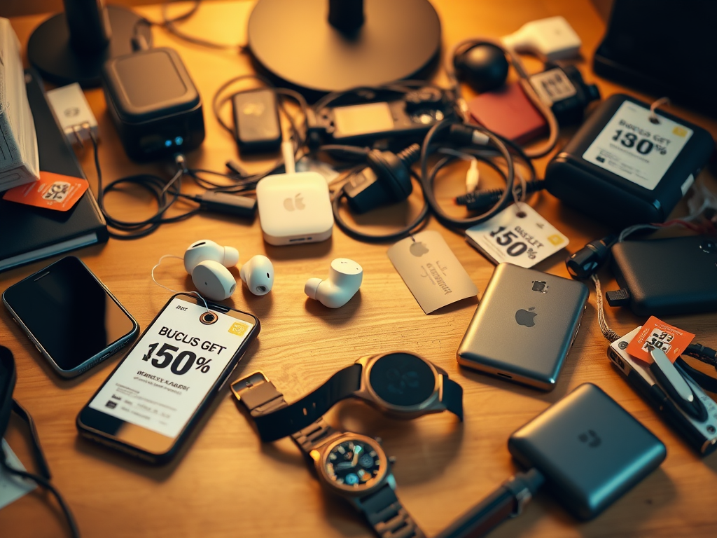 Create a realistic image of a cluttered desk with various budget-friendly electronic gadgets scattered across it, including a smartphone, wireless earbuds, a smartwatch, and a portable charger, all with price tags prominently displayed showing discounted prices, with a warm, inviting lighting that emphasizes the products' affordability and value.