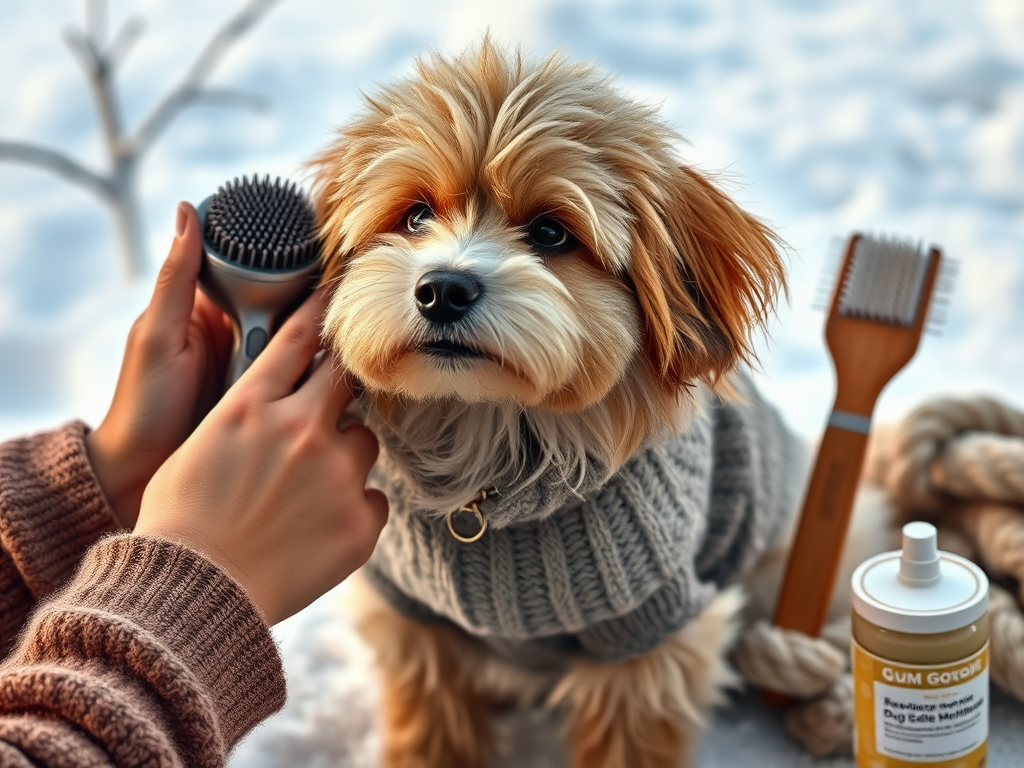 Create a realistic image of a person's hands grooming a fluffy medium-sized dog with thick winter coat, wearing a small sweater, against a snowy outdoor background. Show brushes, combs, and dog-safe moisturizer nearby. Soft, warm lighting emphasizes the cozy atmosphere and care being given to prepare the dog for cold weather.