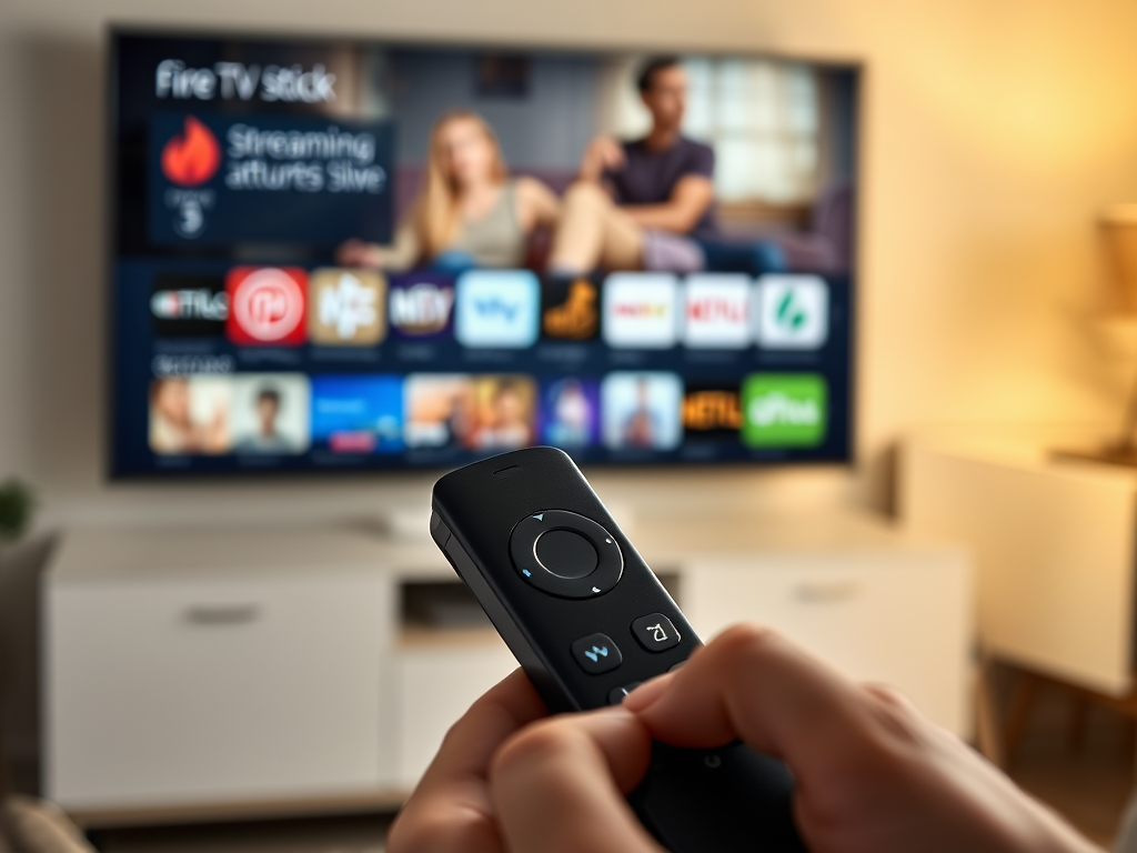 Create a realistic image of a Fire TV Stick remote control in the foreground, with a blurred 4K TV screen showing streaming content in the background. The remote should be held by a pair of hands, with fingertips visible, manipulating buttons. A soft, warm light illuminates the scene, creating a cozy living room atmosphere. On the TV screen, various streaming app icons are visible, suggesting enhanced functionality.