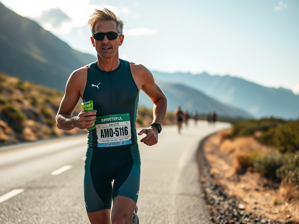 Create a realistic image of an athletic white male triathlete in mid-race, wearing a triathlon suit, holding a sports gel packet and a water bottle while running on a scenic Chilean road with mountains in the background, sunlight gleaming off sweat on his determined face, a race number visible on his suit, and other runners visible in the distance.