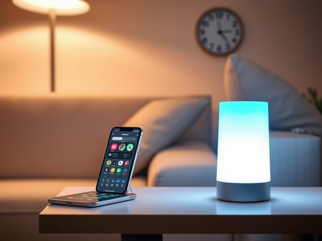 Create a realistic image of a modern living room with an Echo Glow smart light on a side table, emitting a soft blue glow. A smartphone displaying a smart home app is visible nearby. The room's lighting is dim, creating a cozy atmosphere. A wall clock in the background shows 7:00 AM, suggesting the start of a daily routine.